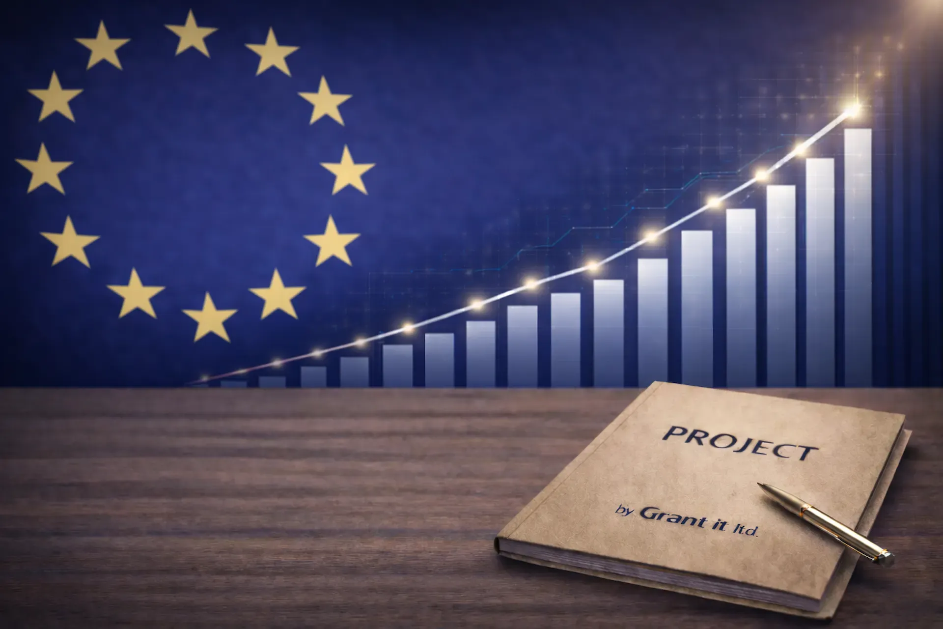 EU-funded project growth concept with rising chart, innovation icons, and project document
